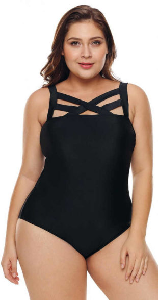 Černé plus size jednodílné plavky se strappy pásky